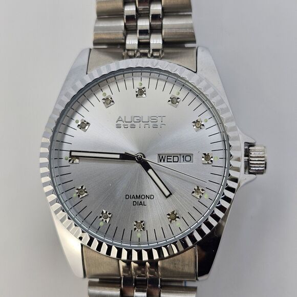 August Steiner 40MM Men's Watch Diamond Hour Markers Gray Bracelet Day Date 8.5" - Picture 3 of 10